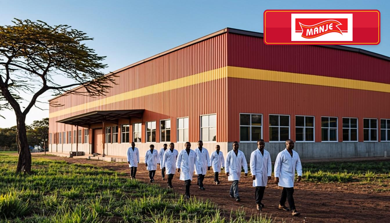 Savannah Foods canning factory exterior in Lephalale, Limpopo — modern industrial facility with workers arriving for morning shift, with the official Manje logo on a red sign plate