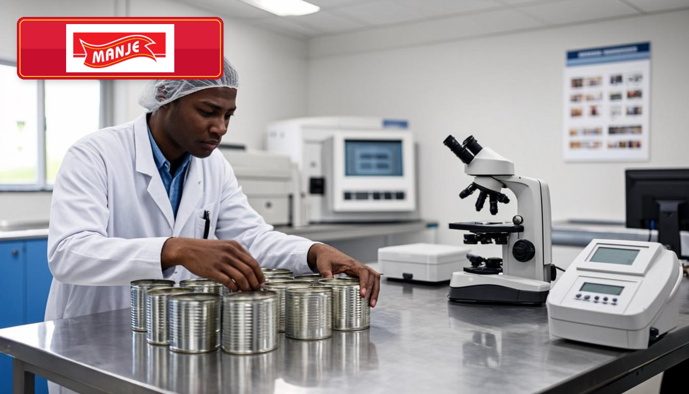 Quality control laboratory inside the Savannah Foods canned food factory — African technician in white lab coat inspecting Mogodu Manje cans, with the official Manje logo on a red sign plate
